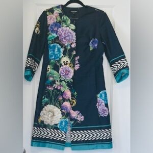 MARTA PALMIERI Italy Dress Stunning Navy Abstract Floral 3/4 Slv Pkts Sz 44 10